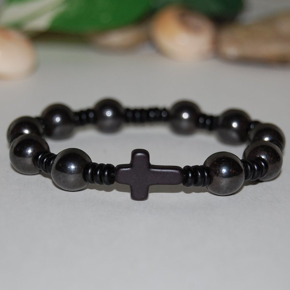Rosary Bracelet,Magnetic Hematite Bracelet,Magnetic Beads,Cross Bracelet,Rosary